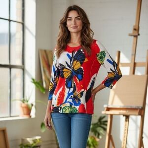 Red Knit Monarch Butterfly Button Front Cardigan Size Large (Runs Small)